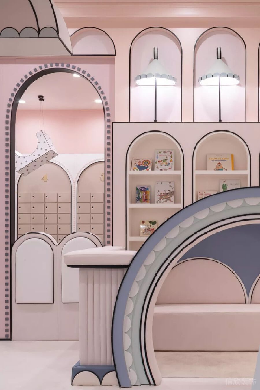 粉色創(chuàng)意閱讀室弧形裝修設(shè)計(jì)效果圖