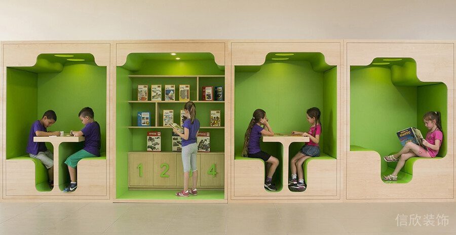 面對(duì)面楓木綠色環(huán)保兒童閱讀自習(xí)室裝修效果圖