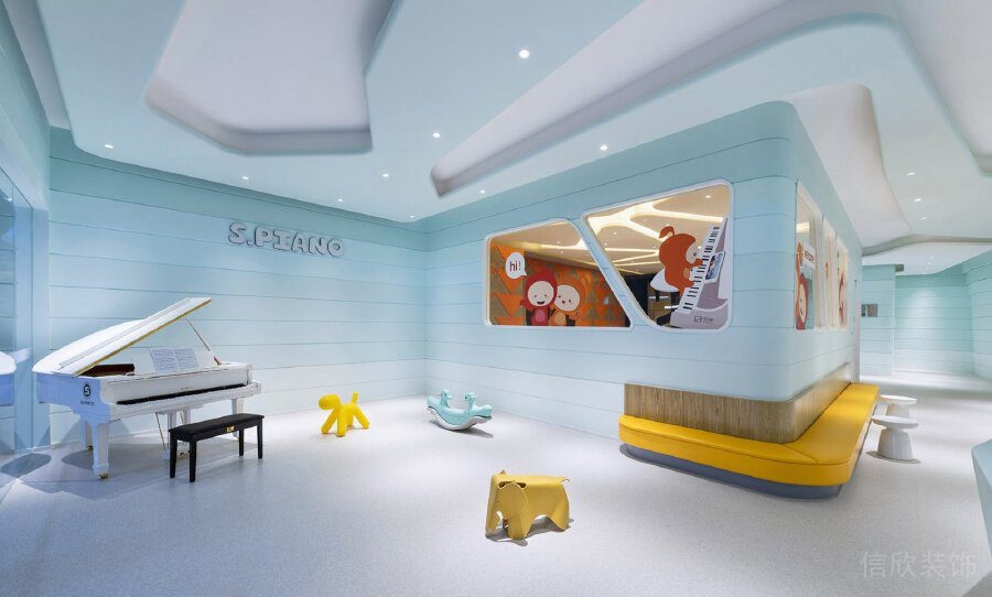 鋼琴教室興趣班裝修弧形黃色長(zhǎng)椅娛樂區(qū)