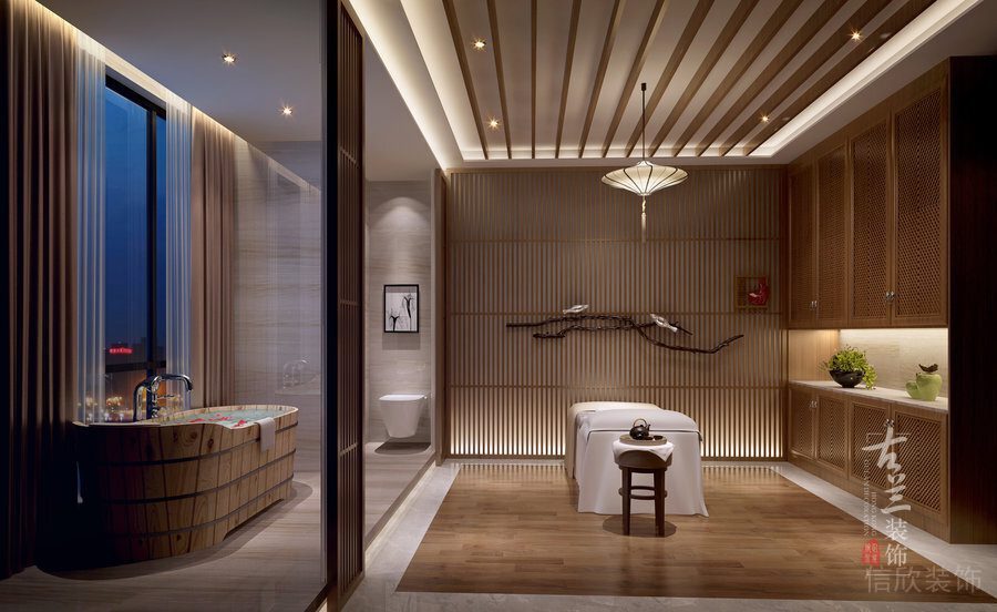 木質(zhì)裝修設(shè)計(jì)木質(zhì)中式浴池按摩調(diào)理店鋪效果