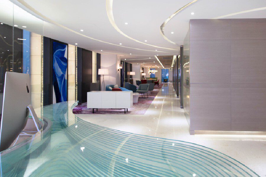 玻璃多層創(chuàng)意設(shè)計(jì)大廳前臺桌裝修設(shè)計(jì)