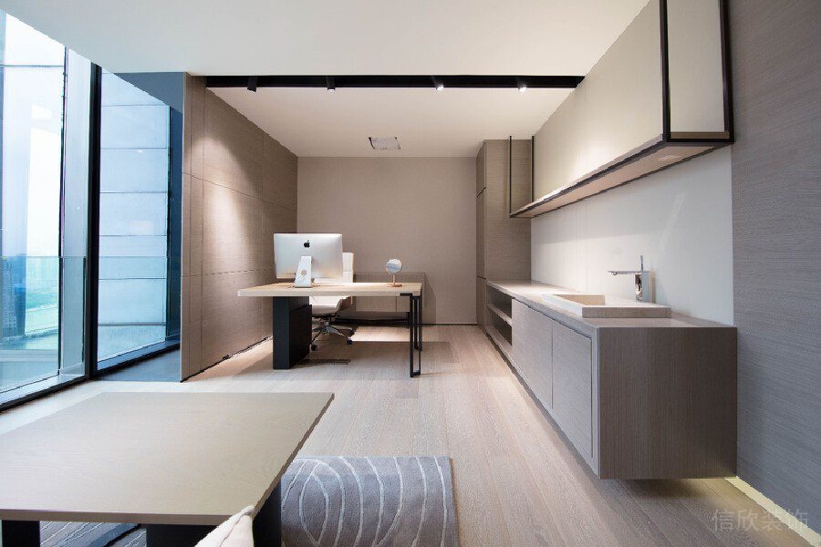 老板辦公室裝修設(shè)計原木風現(xiàn)代墻柜一體設(shè)計