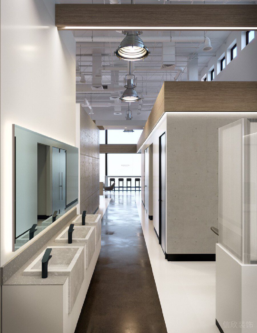 直線過道設(shè)計洗手池水磨石材質(zhì)科技效果