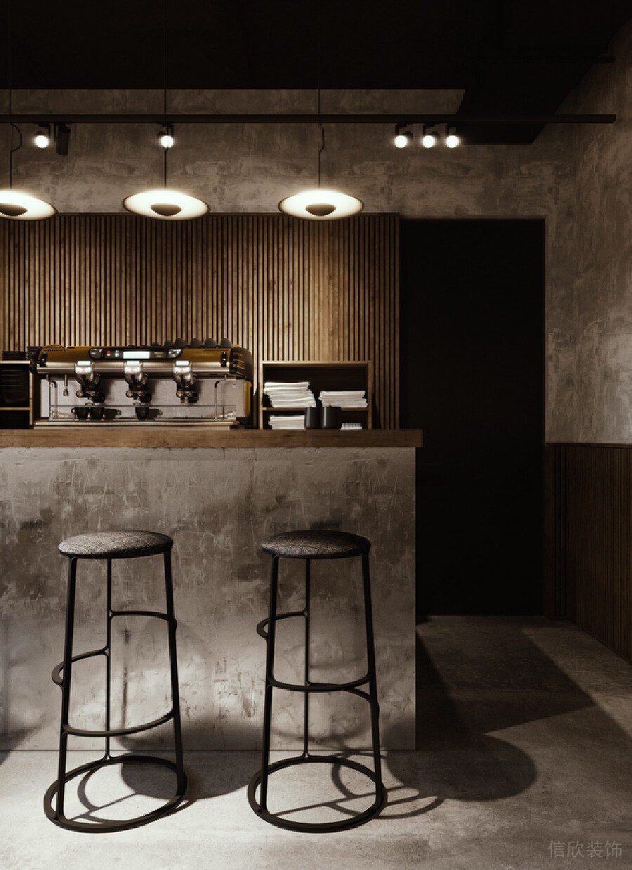 鏡面磨砂金屬墻體設(shè)計水吧臺咖啡機辦公室設(shè)計