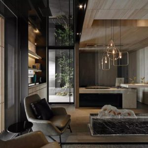 復(fù)古暗色調(diào)棕色皮革沙發(fā)休息區(qū)裝修