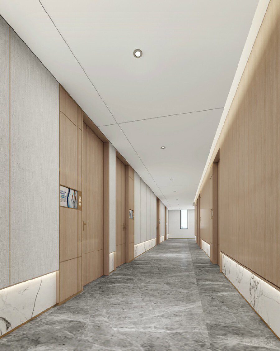 大理石裝修設(shè)計辦公室過道木飾面鎏金效果