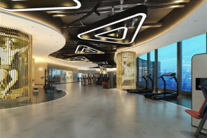 天花創(chuàng)意吊頂跑步機弧形過道開放式運動健身健身房裝修