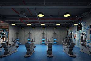 動感單車訓練管道創(chuàng)意墻體弧線曲折設計天花鏤空吊頂健身房