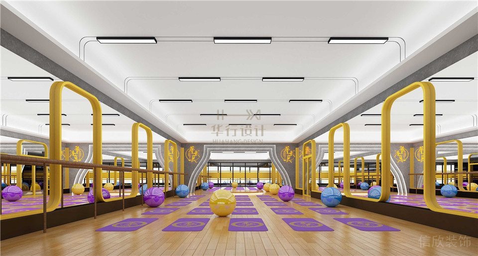 紅色弧線設(shè)計瑜伽木質(zhì)教室鏡面墻體軟包效果圖