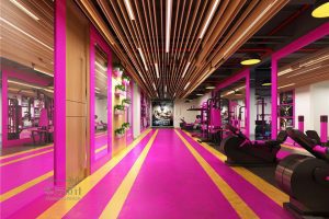 芭比粉木質過道裝修設計天花鏤空吊頂女性健身房裝修現(xiàn)代效果圖