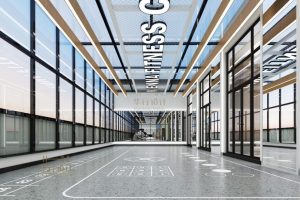 健身房開(kāi)放式活動(dòng)室地板設(shè)計(jì)木質(zhì)天花鏤空墻體棕色玻璃隔斷