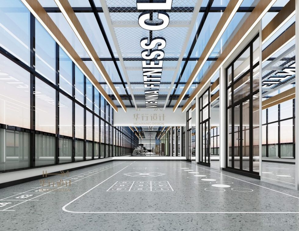 健身房開(kāi)放式活動(dòng)室地板設(shè)計(jì)木質(zhì)天花鏤空墻體棕色玻璃隔斷