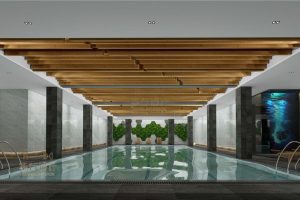 游泳池裝修設(shè)計(jì)現(xiàn)代簡(jiǎn)約風(fēng)墻柱黑白色調(diào)設(shè)計(jì)木質(zhì)天花