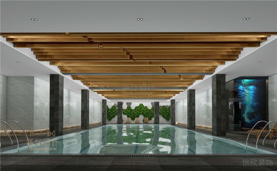 游泳池裝修設(shè)計(jì)現(xiàn)代簡約風(fēng)墻柱黑白色調(diào)設(shè)計(jì)木質(zhì)天花