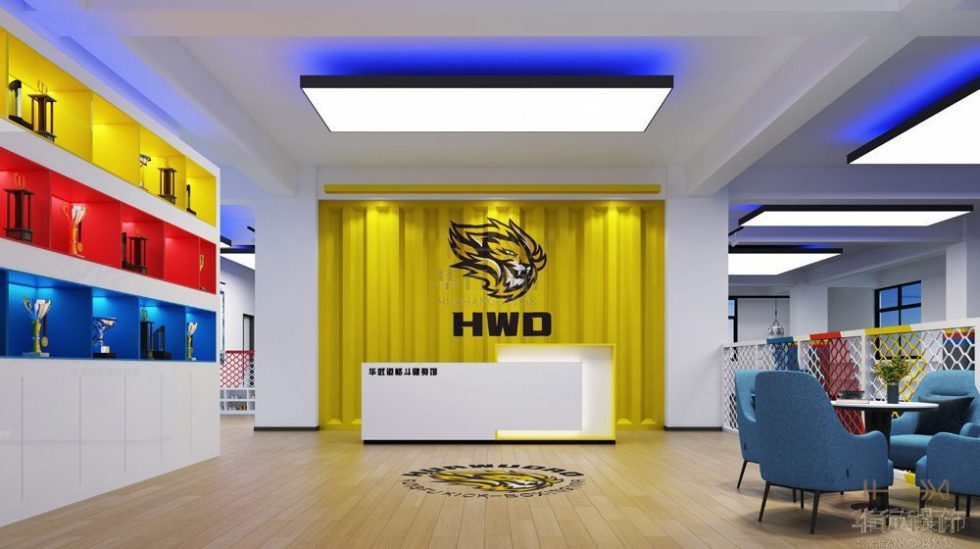 跆拳道前臺(tái)區(qū)域地板裝修設(shè)計(jì)效果圖休息區(qū)內(nèi)嵌式彩色墻板