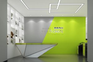 健康傳奇撞色形象版前臺區(qū)幾何造型不規(guī)則工作桌設計