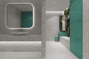 水磨石黑白色調奧利奧色系鏡面內嵌式燈帶瓷磚整體設計衛(wèi)生間