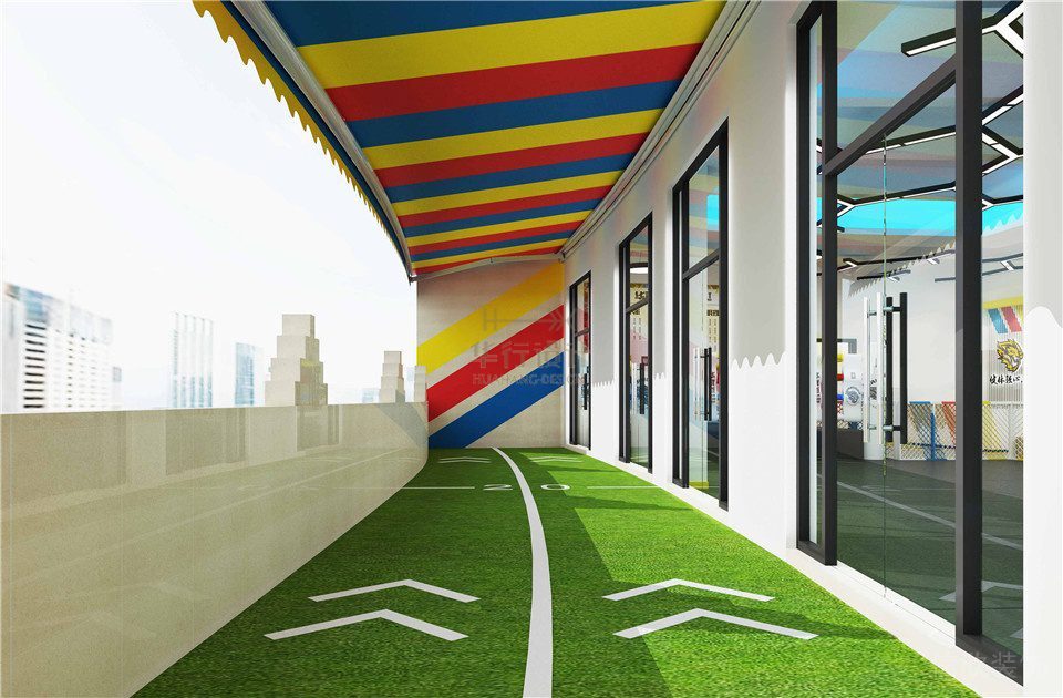 草坪跑道直線設(shè)計紅黃藍(lán)墻體繪制藝術(shù)效果圖