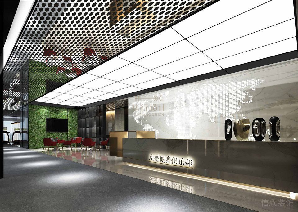 金屬過道設(shè)計led燈前臺區(qū)域大理石效果圖健身俱樂部