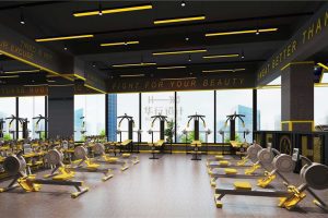 單車木質地板現(xiàn)代天花射燈設計落地窗健身房