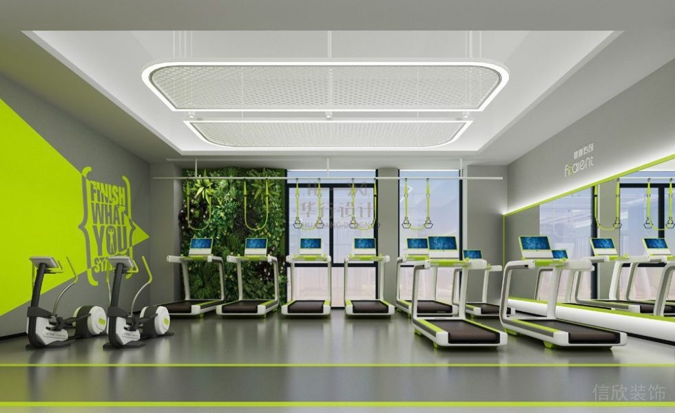 熒光綠跑步機智能有氧區(qū)直線設(shè)計簡約天花金屬吊頂