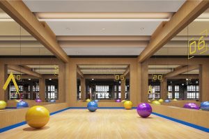 木質智能跟練團課教室布置設計藍色線條環(huán)繞效果