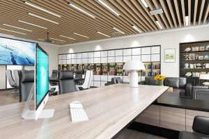 木質(zhì)天花鏤空墻體設(shè)計真皮沙發(fā)會議室裝修效果