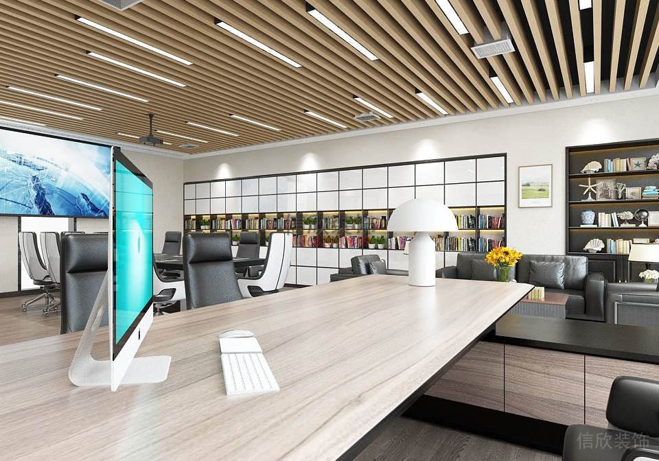 木質(zhì)天花鏤空墻體設(shè)計真皮沙發(fā)會議室裝修效果