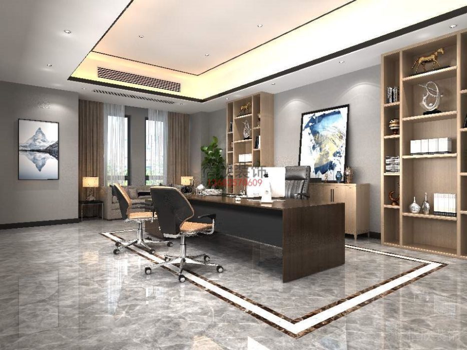 藝術(shù)創(chuàng)意灰調(diào)大理石總裁辦公室裝修設(shè)計(jì)木制墻柜效果圖