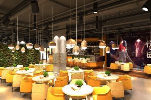 現代健身房修設計天花吊頂黃色沙發(fā)