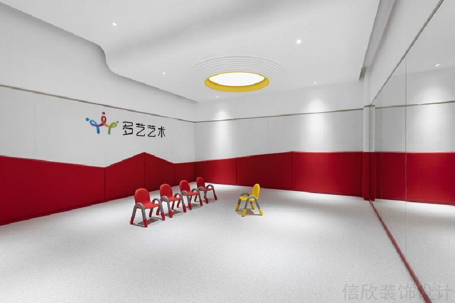 紅線線條紅色軟包多功能舞蹈教室藝術(shù)培訓(xùn)中心裝修設(shè)計效果圖