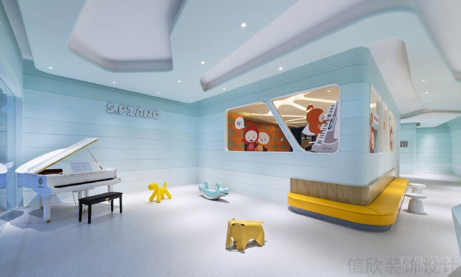 漸變軟包墻注培訓(xùn)機(jī)構(gòu)的鏤空木質(zhì)沙發(fā)休息區(qū)