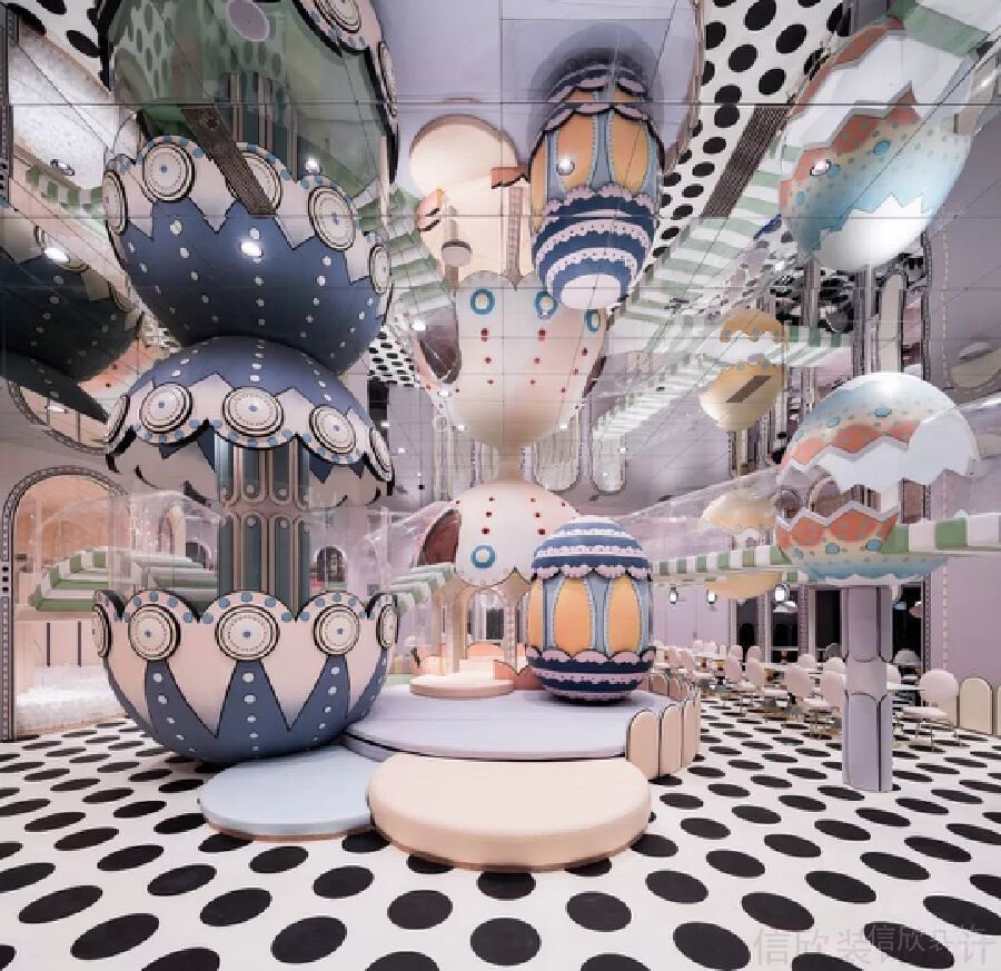 鏡面天花效果圖波點(diǎn)地板墻柱軟包休息區(qū)裝修