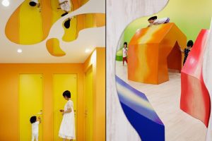 兒童機(jī)構(gòu)藝術(shù)教育培訓(xùn)中心衛(wèi)生間對稱黃色鏡面設(shè)計