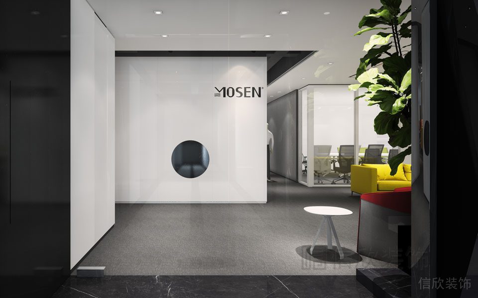 辦公室裝修效果圖黑白色調(diào)墻體圓形鏤空設(shè)計(jì)工作室過道效果圖水磨石地板