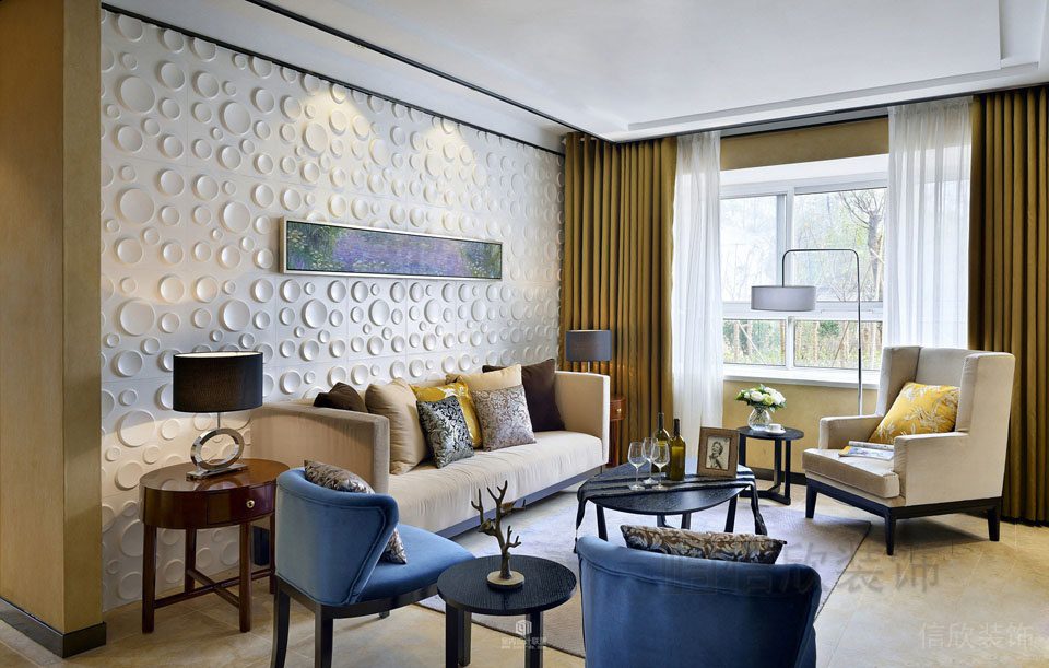 現(xiàn)代智能設(shè)計大廳效果圖休息區(qū)域皮革沙發(fā)洞洞墻體創(chuàng)意效果