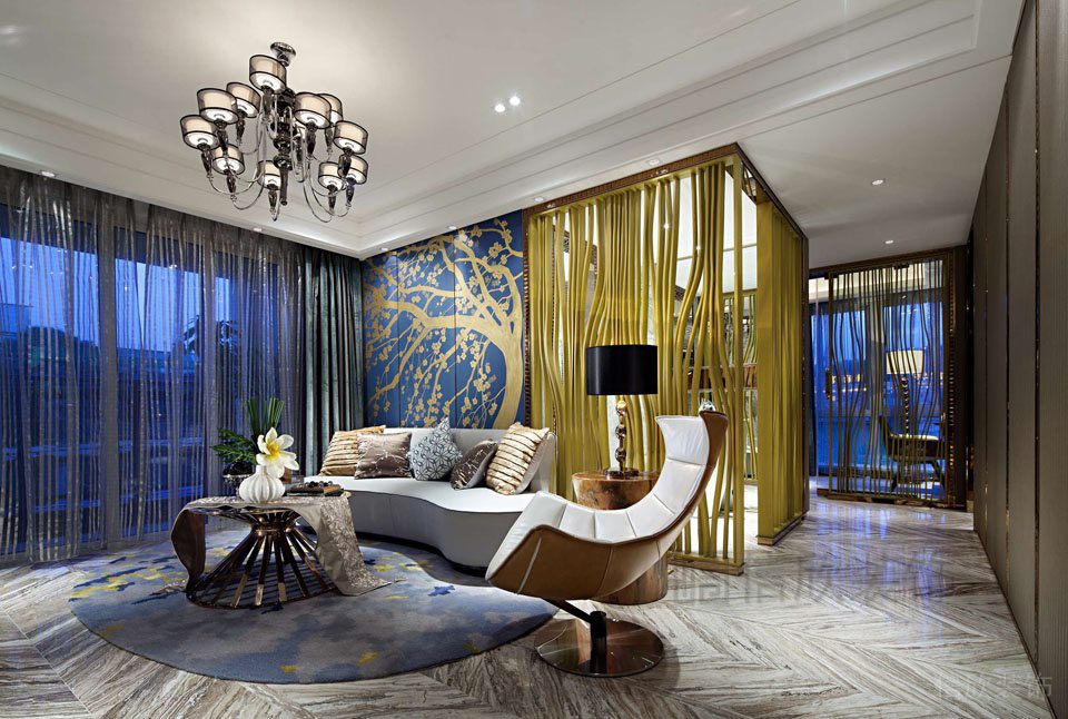 現(xiàn)代創(chuàng)意輕奢風水晶吊頂弧形沙發(fā)休息區(qū)大理石地板全屋定制設(shè)計