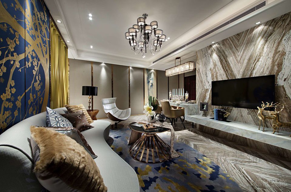 輕奢風(fēng)大廳弧形沙發(fā)創(chuàng)意設(shè)計(jì)大理石墻壁地板一體式效果圖