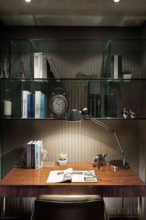 書房設(shè)計(jì)玻璃墻體收納柜木質(zhì)復(fù)古美式定制精品房效果圖