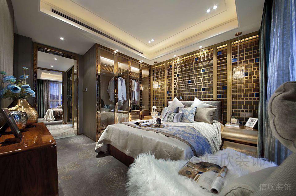 輕奢風現(xiàn)代北歐風臥室設(shè)計地毯裝修鎏金墻體設(shè)計