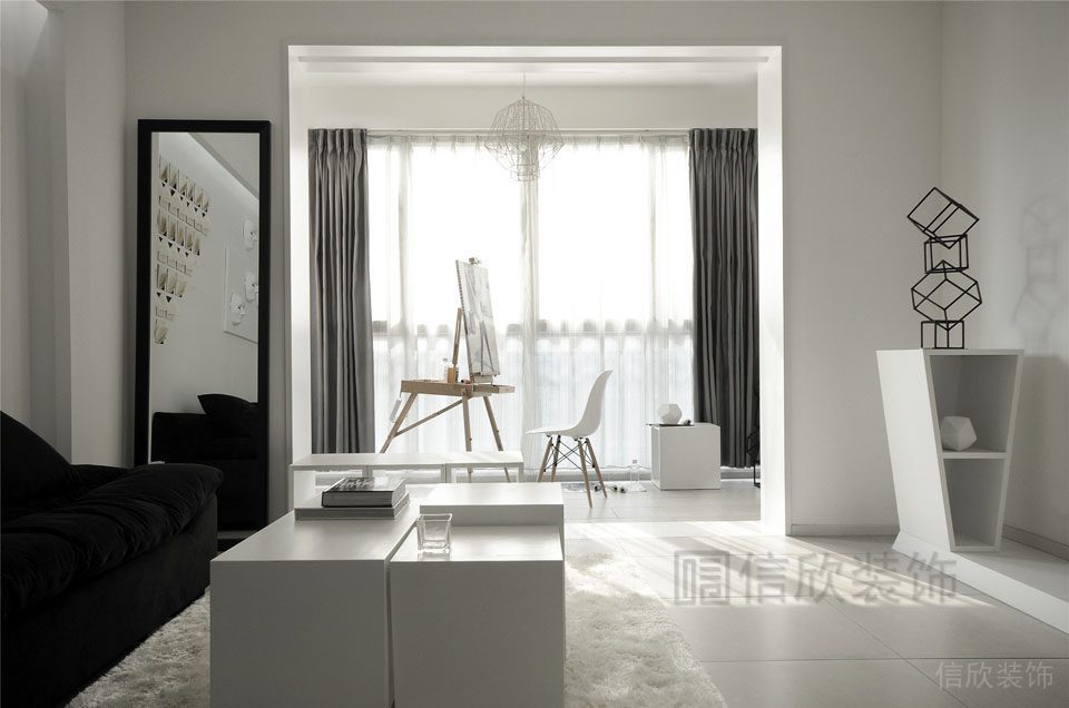 智能整裝客廳黑白色調現(xiàn)代簡約風大廳休息區(qū)落地窗金屬裝飾效果