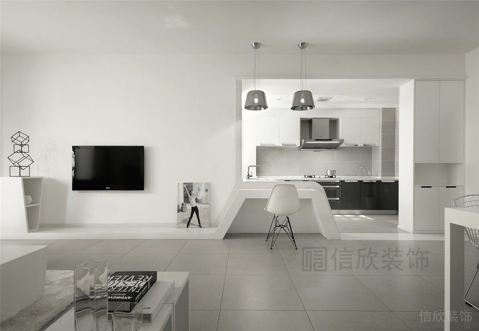 黑白色調極簡風設計線條客廳開放式一體廚房就餐區(qū)