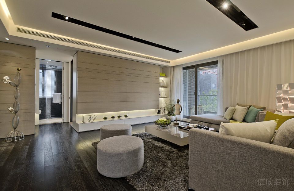 輕奢風木質(zhì)地板通體設(shè)計現(xiàn)代大廳休息區(qū)布藝沙發(fā)效果圖