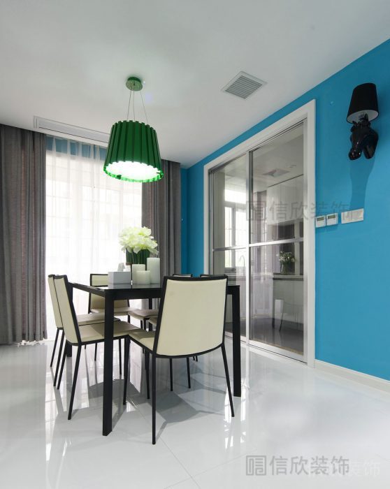 現(xiàn)代就餐區(qū)家裝設(shè)計藍色墻體北歐風效果瓷磚地板