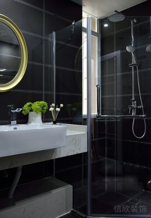 暗色衛(wèi)生間裝修干濕分離現(xiàn)代玻璃衛(wèi)浴裝修鏡面效果圖