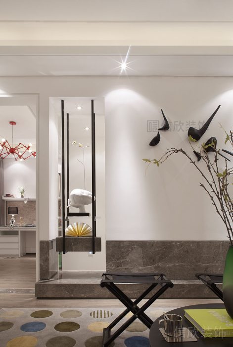 波點地板半墻大理石灰花效果過道地臺設(shè)計圖室內(nèi)裝修