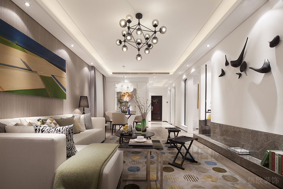 輕奢風創(chuàng)意吊頂?shù)靥涸O(shè)計墻體藝術(shù)壁畫創(chuàng)意效果大廳休息區(qū)皮革沙發(fā)