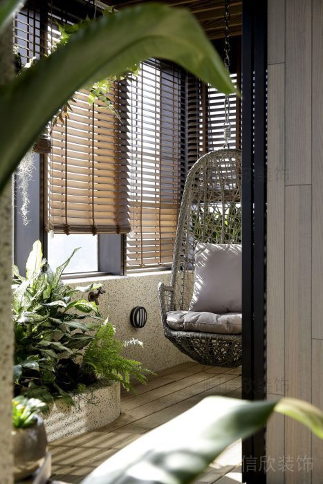 竹編藝術(shù)微景觀陽臺設(shè)計吊椅休息區(qū)裝修