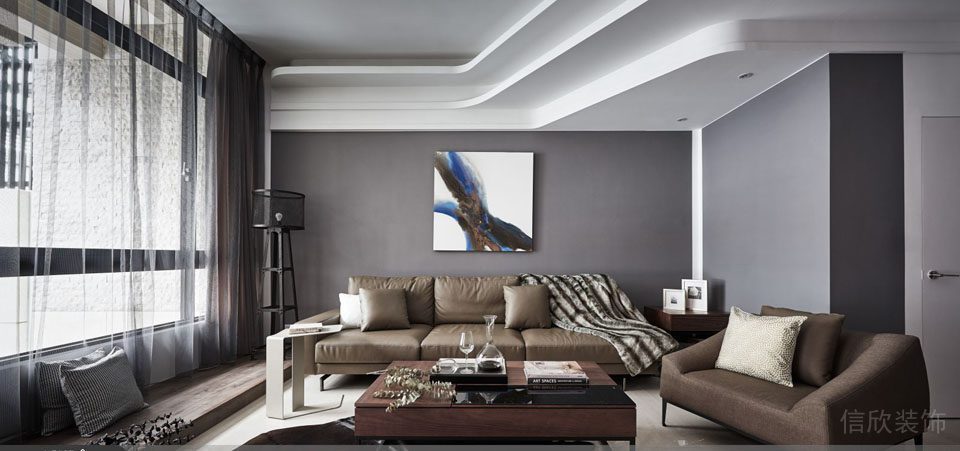 皮革棕色沙發(fā)環(huán)形層疊天花線條設(shè)計大廳裝修。