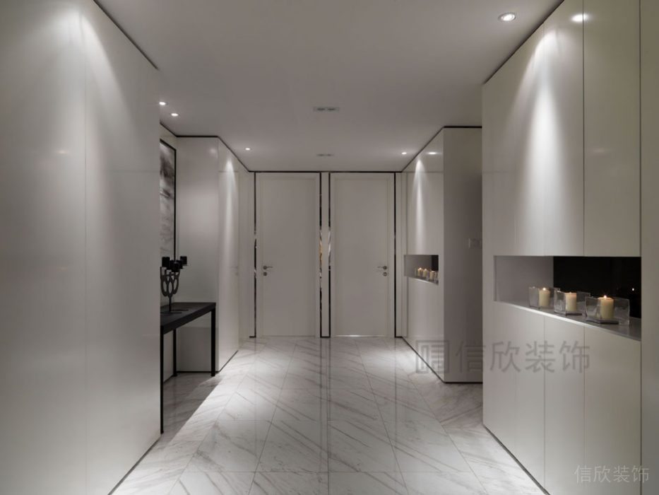 大理石地板柔光磚黑白色調(diào)辦公室裝修茶水間效果圖過道